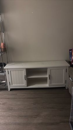 Free White Wood TV Stand with Cabinet Doors