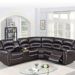 Brand New Brown Leather Power Reclining Sectional Sofa 