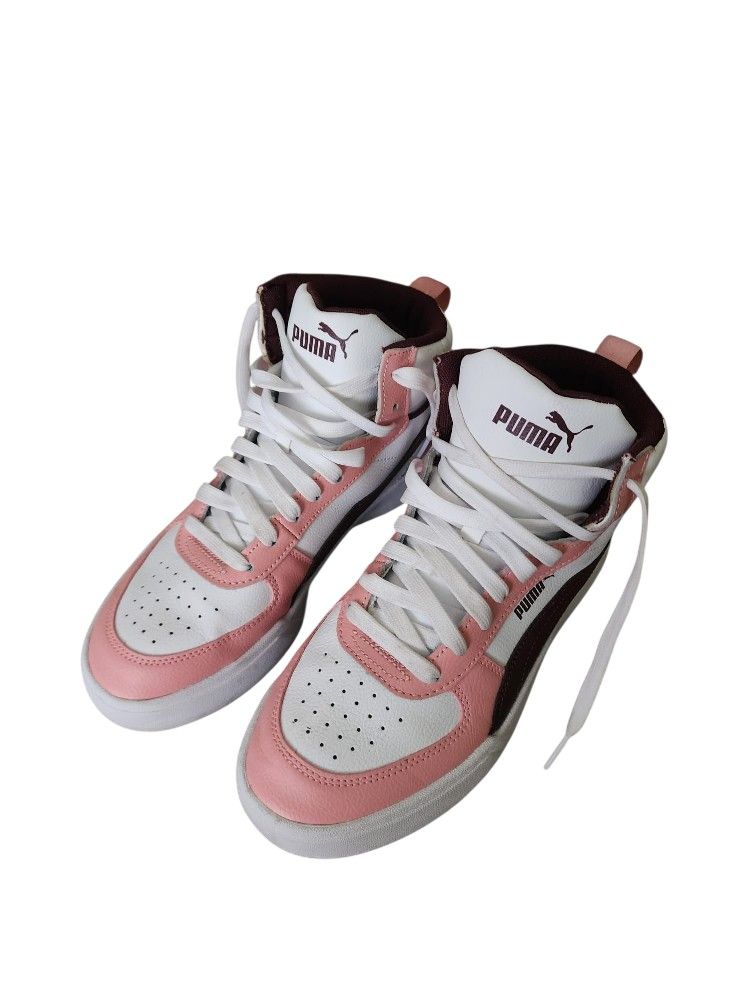 Puma Pink and White High-Top Sneakers with Retro Design