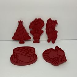 Vintage Tupperware Set of 5 Red Plastic Holiday Cookie Cutters Christmas Bday