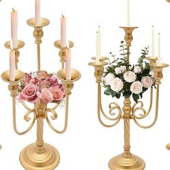 NEW- (Set of 2 )5 Arm Gold Candle Holder