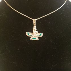 Vintage Sterling Silver Persian Faravah Pendant Marcasite With Green Enamel 18" Chain F11 