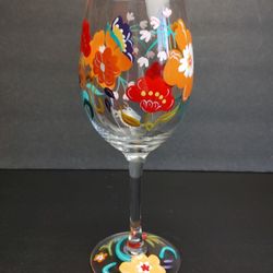 Pier 1 Hand Painted Floral Stemmed Wine Glass Water Goblet 20 oz.