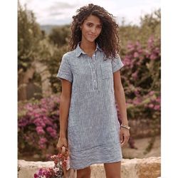 Garnet Hill Linen Relaxed Popover Shirtdress Indigo Mini Stripe Pockets Flax Medium