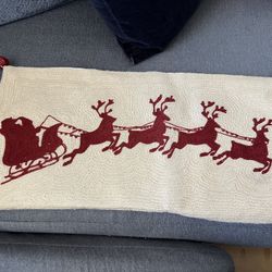 Pottery Barn Sleigh Jingle Bells Crewel Embroidered Lumbar Pillow Reindeer Santa
