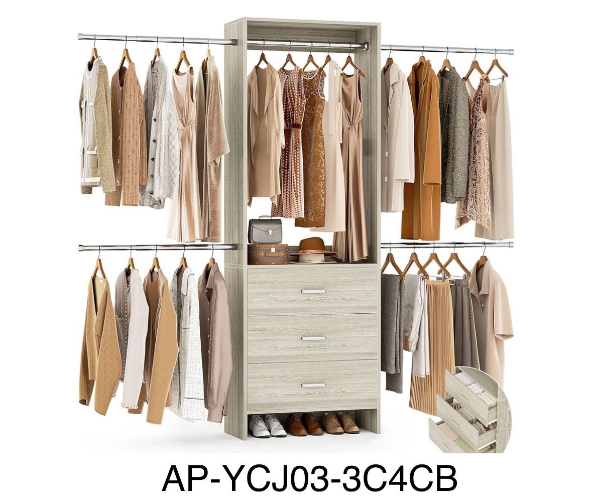 Closet System, Closet Organizer with 3 Wooden Drawers, Closet Organizer System, Walk-in Closet Wardrobe Clothes Rack with 4 Hanging Rods, Garment Rack