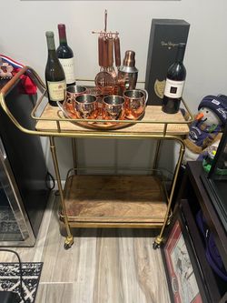 Two-Tier Gold Bar Cart with Wood Shelves