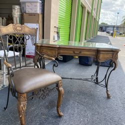 Rod iron And Wood Desk With Glass Top And Chair 
