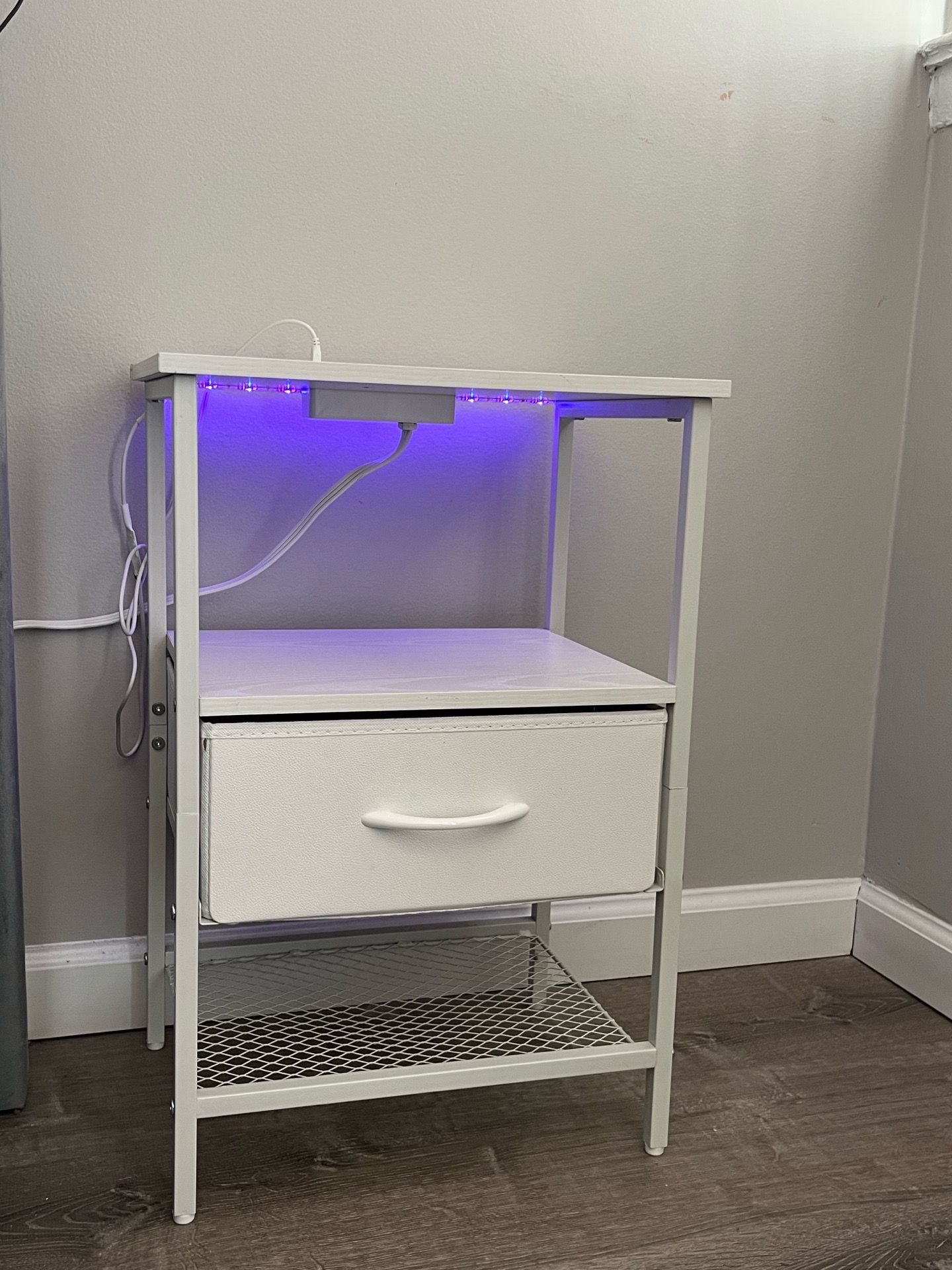 Modern White LED Nightstand with Charging Station & Fabric Drawer – Excellent Condition