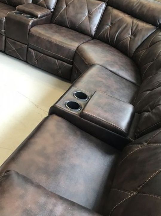 Brown Reclining Tufted Leather Sectional