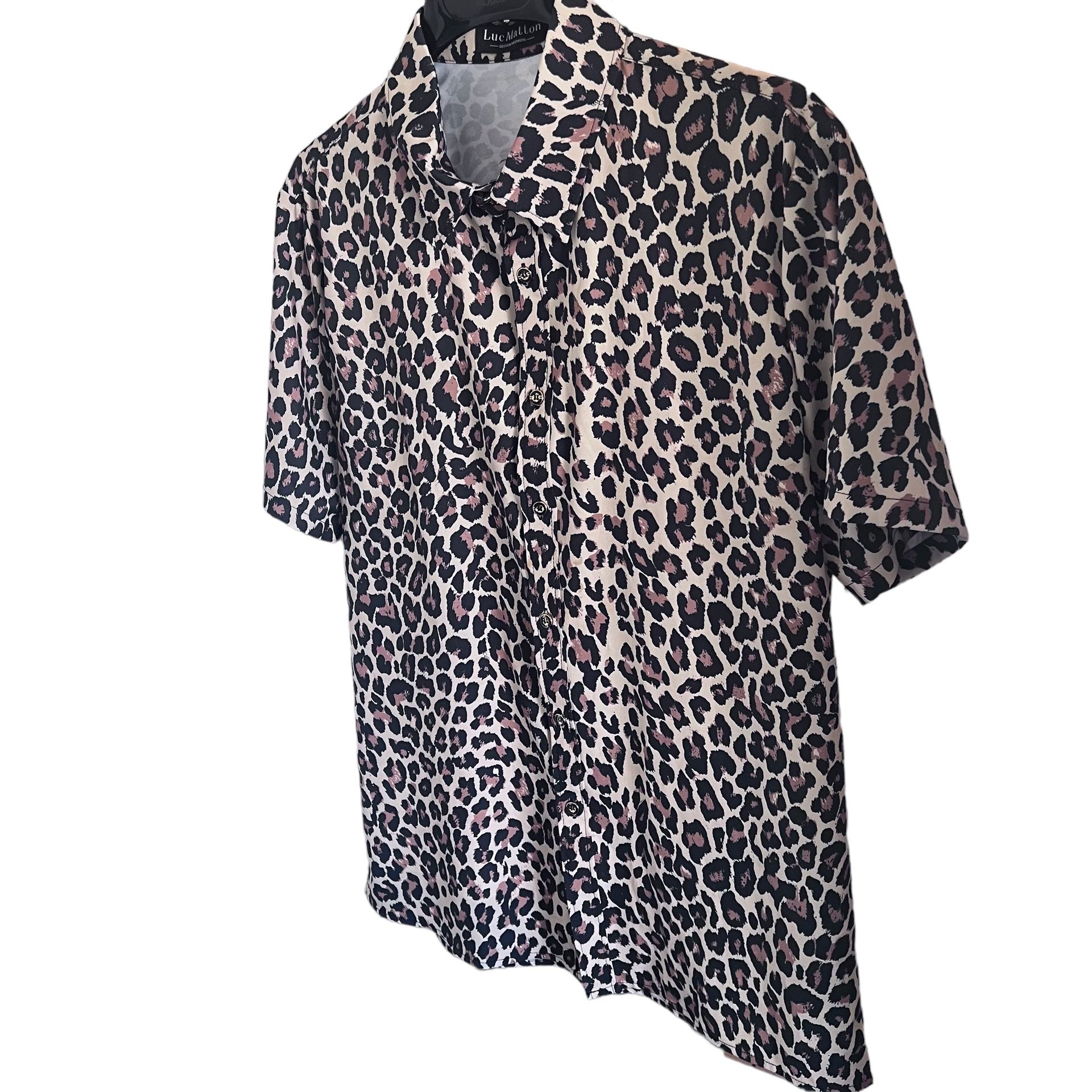 Luc Matton-Mens Short Sleeve Leopard Print Button Down Shirt Sz Large
