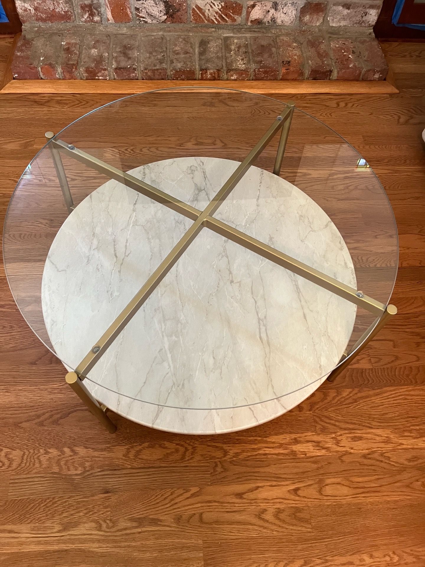 Modern Round Glass Coffee Table w/ Faux Marble Shelf & Gold Frame