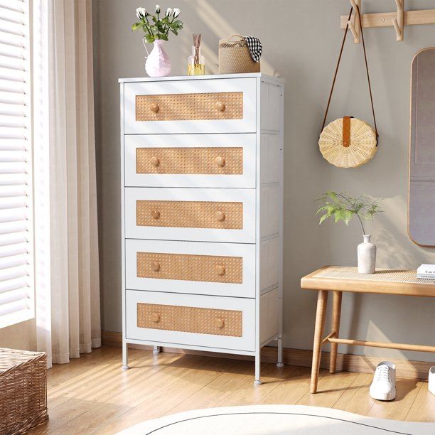 5 Drawers Dresser PE Rattan Vertical Storage Tower Chest, White for ...
