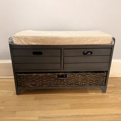 32” Entryway Storage Bench with Drawers & Basket – Navy