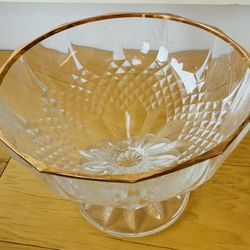 Glass Pedestal Bowl w/Gold Rim, 8 3/4” DiameterX6” Tall.    