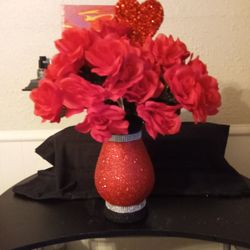 Red&Black Vase With Artificial Roses 