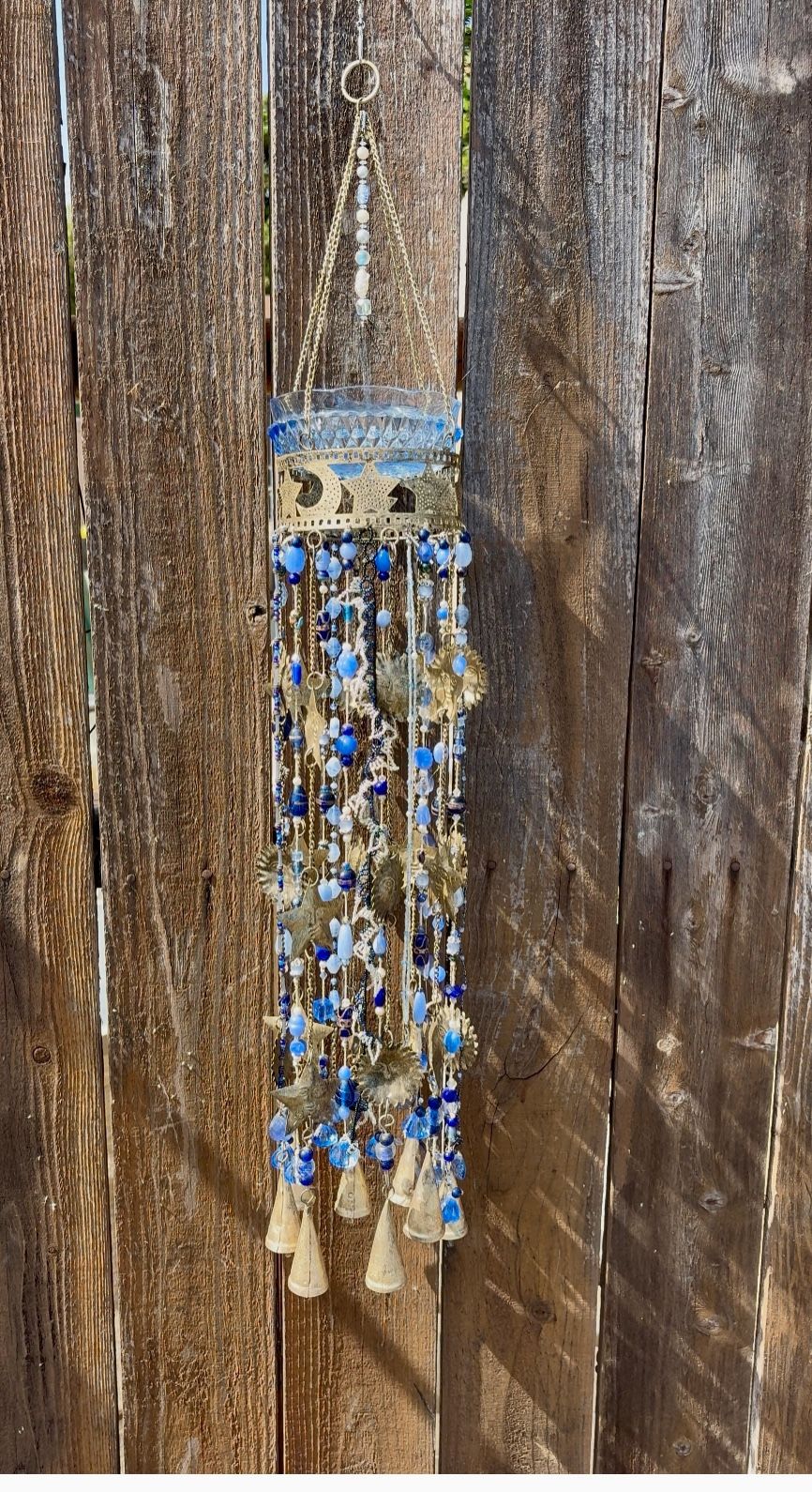 Celestial Blue Glass & Gold Wind Chime Vintage Bowl Bird Bath Feeder Chandelier