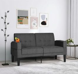 62 Inch Linen Upholstered Tufted Mid-Century Modern Loveseat Sofa w/ 2 USB Charger Ports and 2 Cupholders, Small Love Seat Couches for Living Room, Be