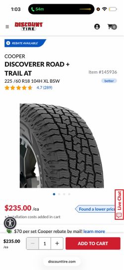 2 tires @ $210each or $400 for both or best offer New Cooper Discoverer Road + Trail AT Tire 225/60R18