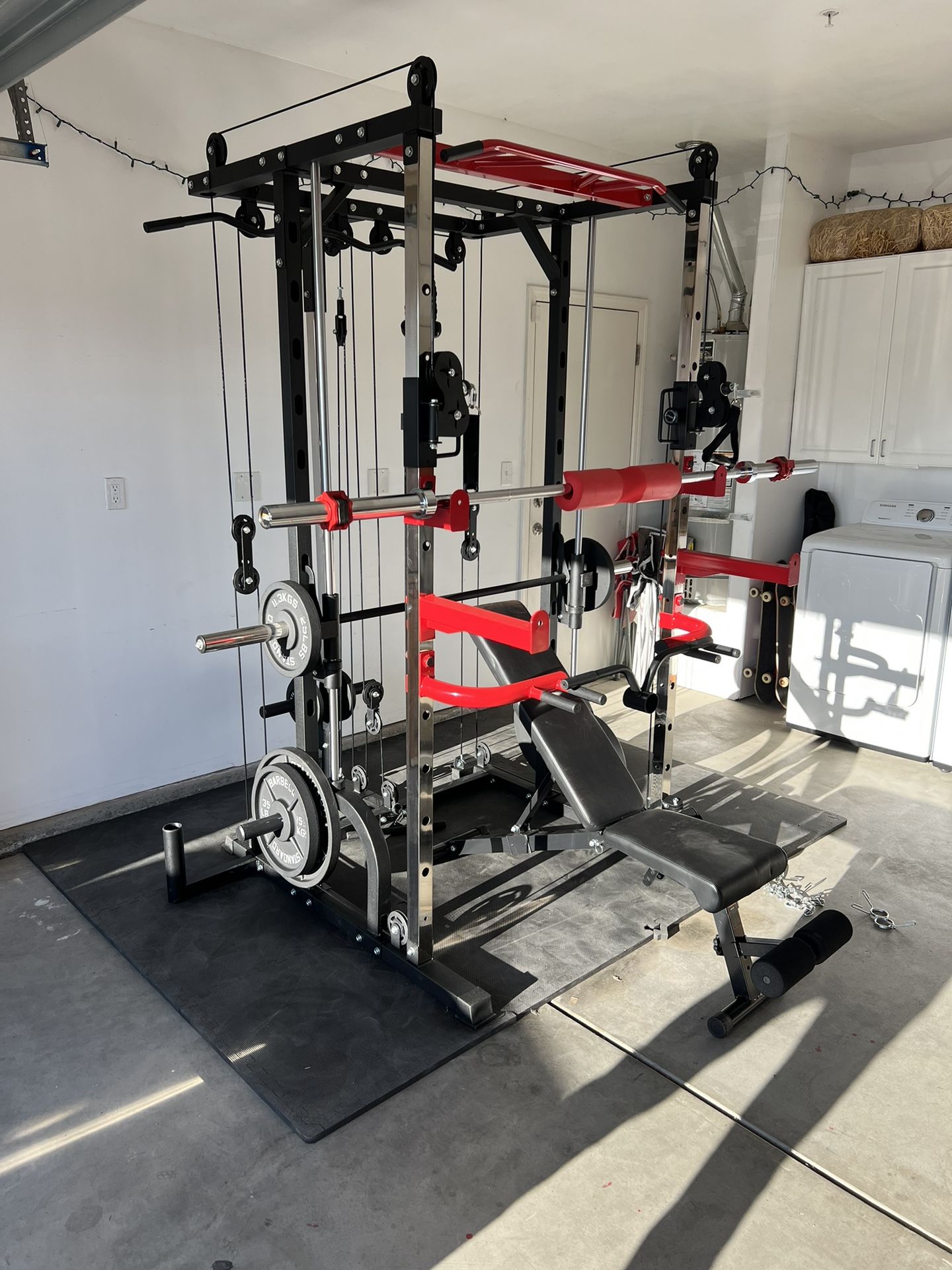 FREE DELIVERY 💥NEW !! SMITH MACHINE 💥WEIGHTS INCLUDED✅ BENCH✅7ft BARBELL✅245lbs Cast Iron Weight Set ✅💥