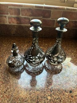 Vintage Silver Overlay Glass Decanters and Perfume Bottle Set. 10" 5"