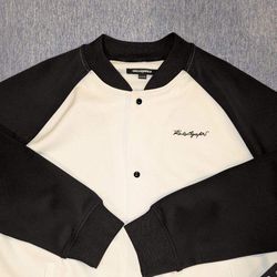 New Karl Lagerfeld Casual Snap Bomber Jacket Letterman Very Soft Black White, XL