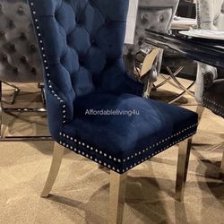 Navy Blue Velvet Chairs W/ Metal Legs Set Of 2 Brand New In Box 