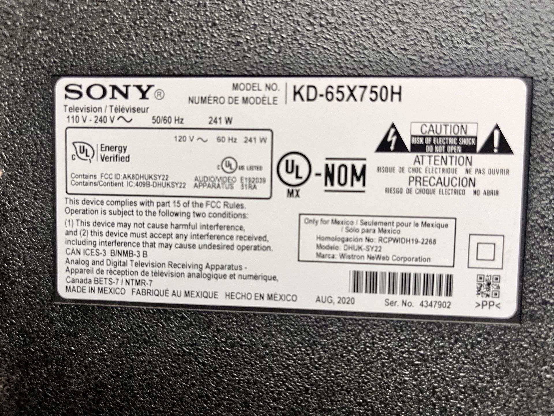 Broken 65 “ Sony (screen Popped Out)