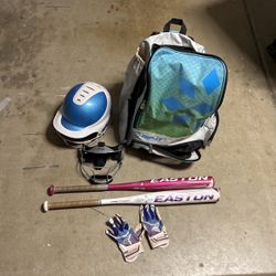 Softball Bag, Helmet, Bats, Batting Gloves 