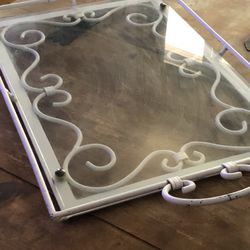 VINTAGE RECTANGULAR Wrought Iron Tray w/ Glass Ornate 