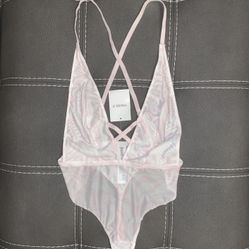 New Forever 21 bodysuit Marble Print Medium Mesh Plunge Crossback Pink White. 