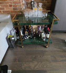 Green Malachite-Style & Gold Rolling Bar Cart.