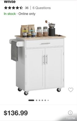 White Mobile Kitchen Island with Wood Top