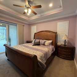 Real wood California king bedframe, mattress, and box spring