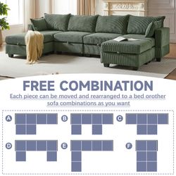 113.5'' Modular Sectiona Corduroy Sofa, Sectional Couches for Living Room U Shaped Sectional Couch with Storage Ottoman, 6 Seats Convertible Sectional