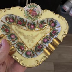 Vintage triangle shaped porcelain, china ashtray by L`Amour China featuring a Victorian Love Story