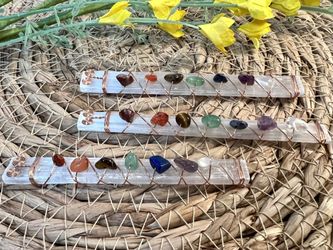 Selenite Crystal Wand with Rainbow Chakra Gemstones & Hand-wired Copper. 