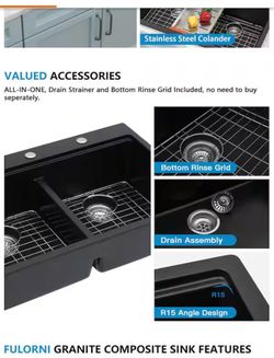 Fulorni 33" × 22" Drop-In Matte Black Quartz 50/50 Double Bowl Workstation Kitchen Sink Granite Composite Basin with Accessories