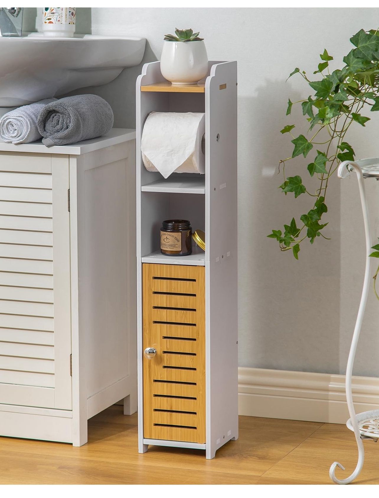 Brandnew Toilet Paper Holder Stand: Small Bathroom Storage Cabinet- White&Bamboo