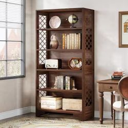 Eulas 70 in. Tall Brown Wood 5-Shelf Standard Bookcase, Floor Standing Display Rack Storage Shelves Mid-Century Bookcase