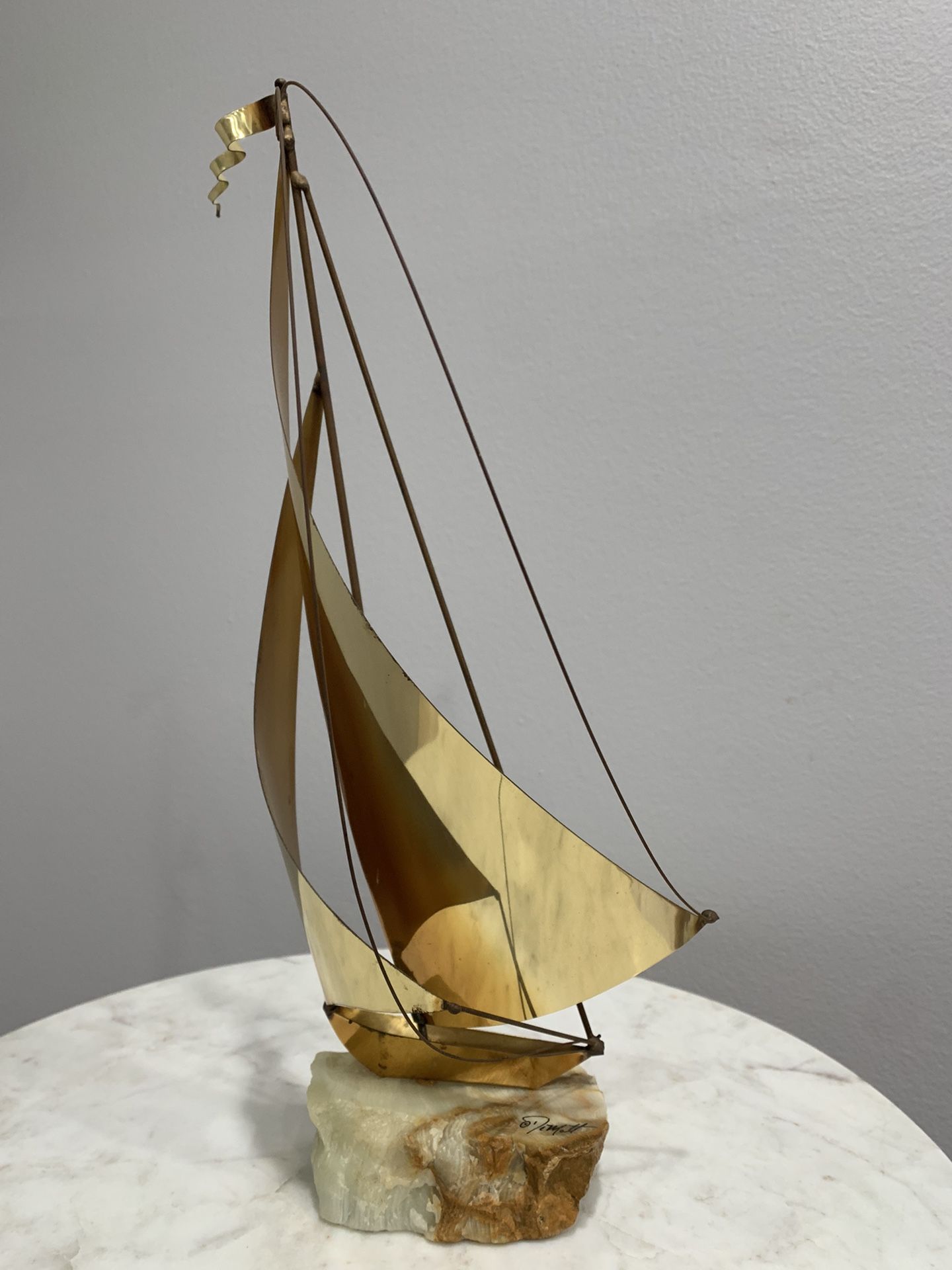 Vintage DeMott Brass Boat Sculpture Signed On Onyx Base