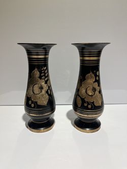 Vintage Black & Gold Etched Brass Floral Vases 8"H