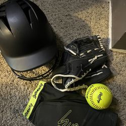 Softball items bundle $25 Helmet  Ball Sliding pads Glove 