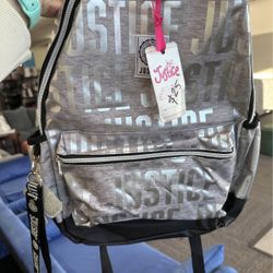 Justice Girls 17” Laptop Backpack – Metallic Silver Grey | New