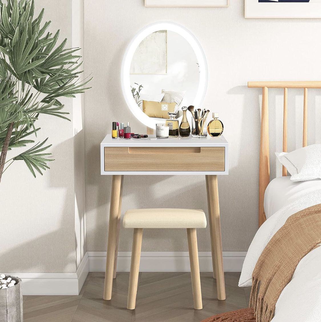 YOURLITE Makeup Vanity Table Set with 3 Modes Adjustable Lighted Mirror Cushioned Stool, Dressing Table for Small Space