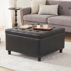 Large Square Storage Ottoman Bench, Tufted Coffee Table Ottoman with Storage, Oversized Storage Ottomans Toy Box Footrest for Living Room, Black  