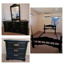 Black Bedroom set. Black wood furniture. Nightstand. dresser with mirror. Full size bed frame