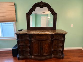 Dark Wood Dresser with Marble Top and Mirror