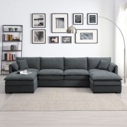 134*66 Chenille Modular Sectional Sofa,U Shaped Cloud Couch Set with Double Cushions ,6 Seat Sleeper Sofa Bed with Ottomans,Ove