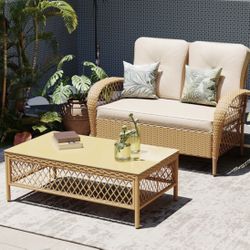 Loveseat Conversation Set with Off-white Beige Cushions and coffee table